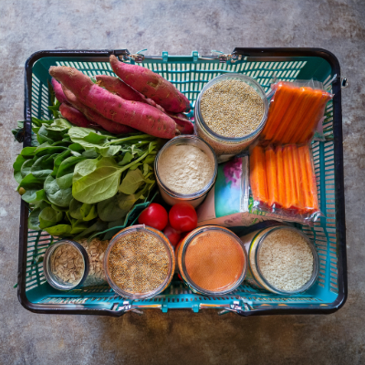 Shopping cart with 10-12 vegan staple ingredients